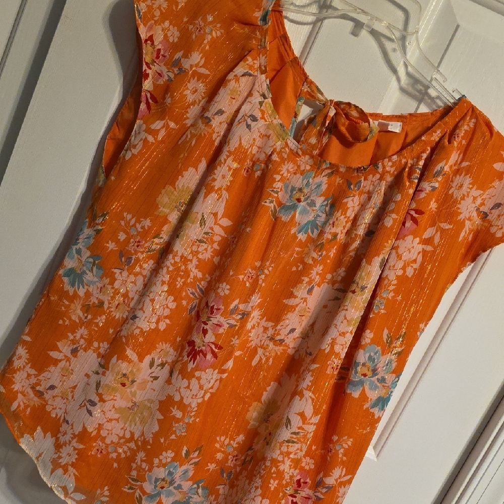 LC Lauren Conrad Hi-low Vibrant Orange Floral Top T062